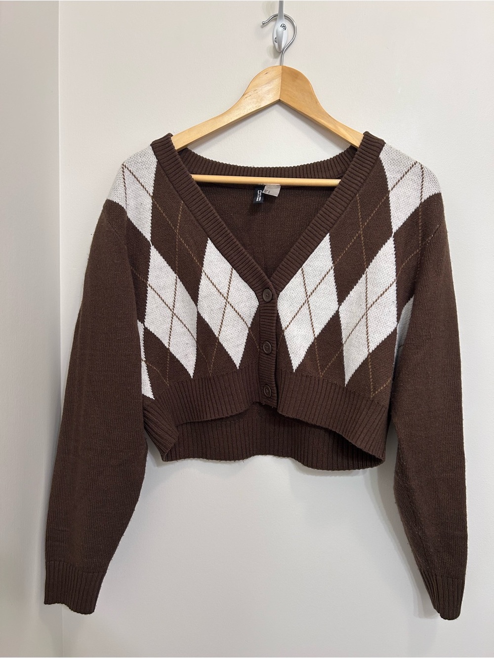Brown Argyle V-Neck Cropped Sweater Cardigan H&M Cottagecore